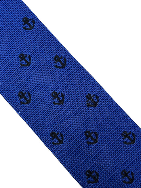 royal blue knitted tie with black nautical anchor embroidered design