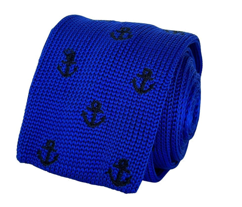 royal blue knitted tie with black nautical anchor embroidered design