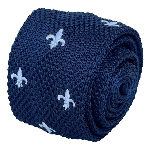 navy blue knitted tie with white embroidered fleur de lis lys design