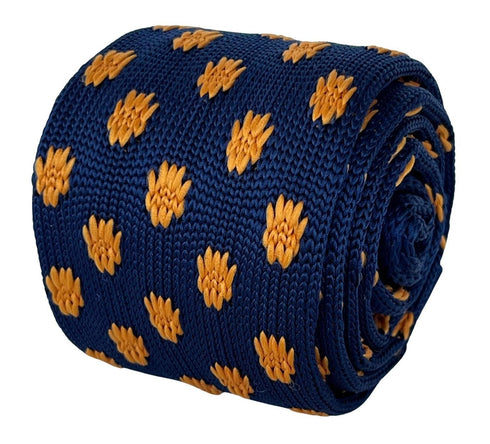 navy blue knitted tie with golden sunflower embroidered design