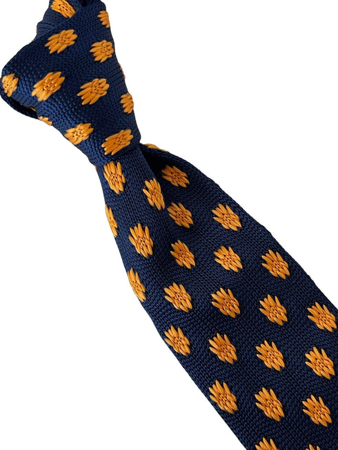 navy blue knitted tie with golden sunflower embroidered design
