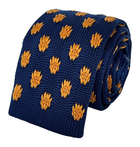 navy blue knitted tie with golden sunflower embroidered design