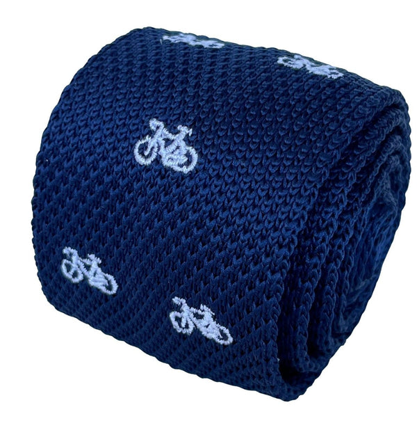 navy blue knitted tie with white embroidered bicycle bike design