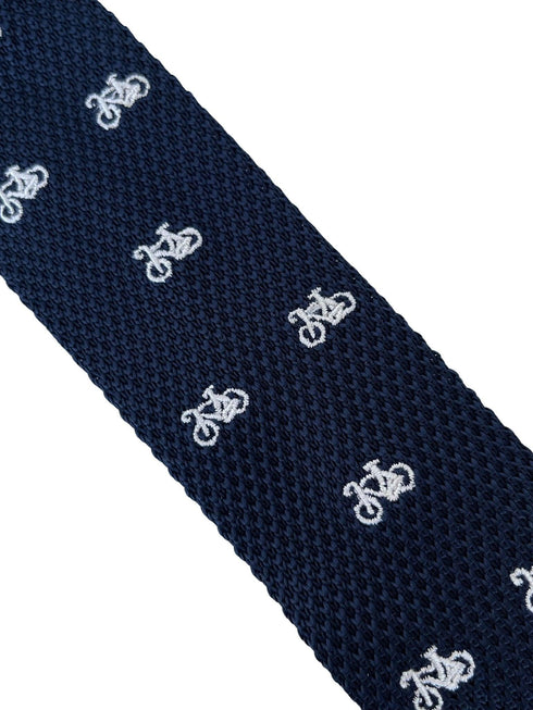 navy blue knitted tie with white embroidered bicycle bike design