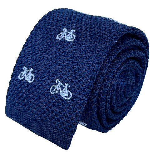 navy blue knitted tie with white embroidered bicycle bike design