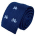 navy blue knitted tie with white embroidered bicycle bike design
