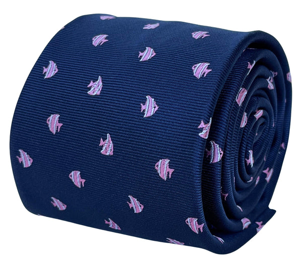 navy blue tie with tropical angel fish embroidered design