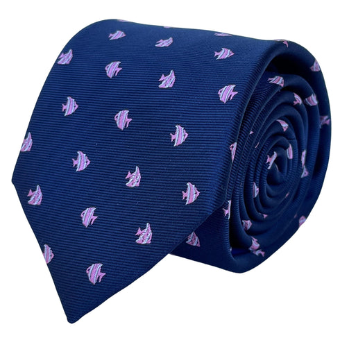 navy blue tie with tropical angel fish embroidered design