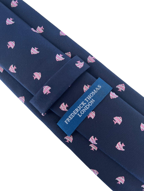 navy blue tie with tropical angel fish embroidered design