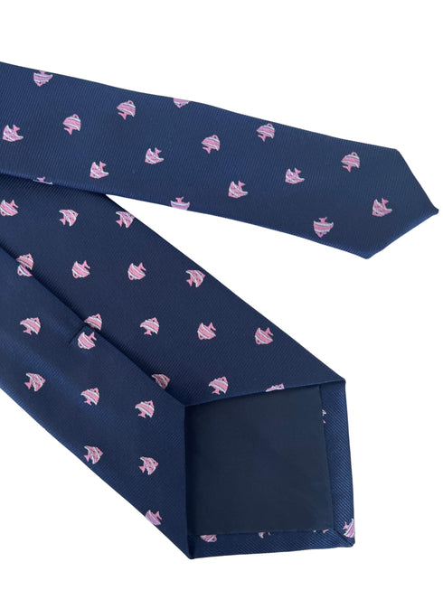navy blue tie with tropical angel fish embroidered design