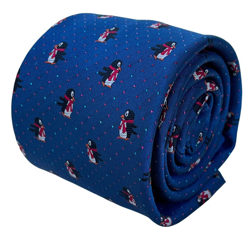 navy blue tie with festive fun penguin and glitter pin spots design