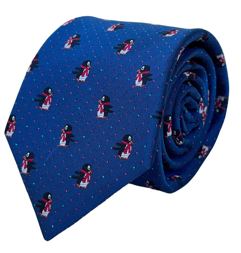 navy blue tie with festive fun penguin and glitter pin spots design