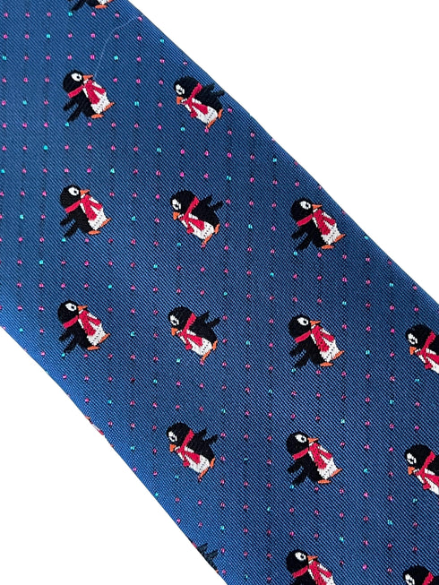 navy blue tie with festive fun penguin and glitter pin spots design