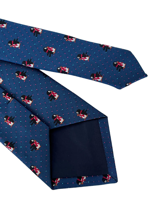 navy blue tie with festive fun penguin and glitter pin spots design