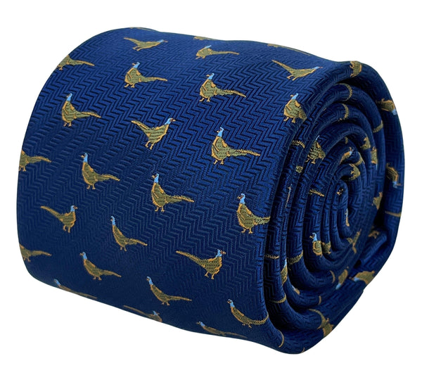 navy blue tie with golden Chinese rainbow pheasant embroidered design