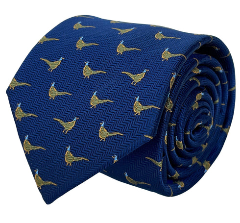navy blue tie with golden Chinese rainbow pheasant embroidered design