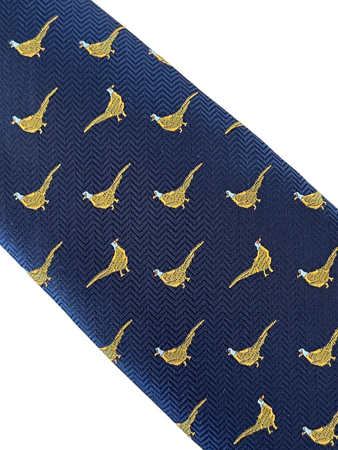 navy blue tie with golden Chinese rainbow pheasant embroidered design
