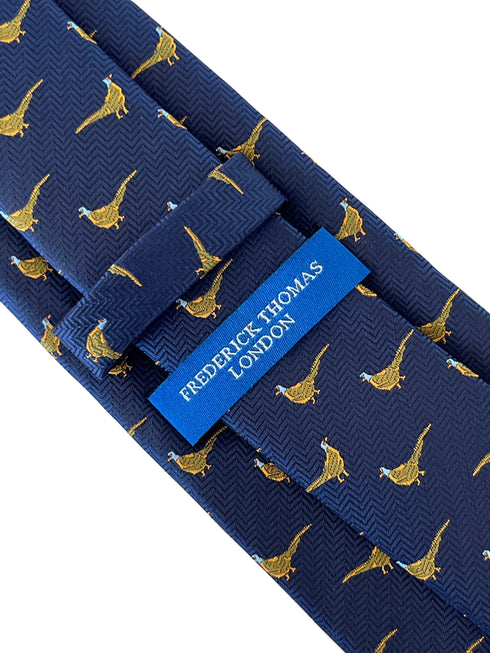 navy blue tie with golden Chinese rainbow pheasant embroidered design