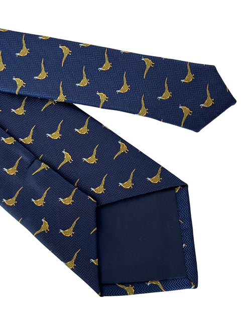 navy blue tie with golden Chinese rainbow pheasant embroidered design