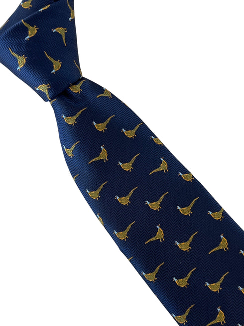 navy blue tie with golden Chinese rainbow pheasant embroidered design