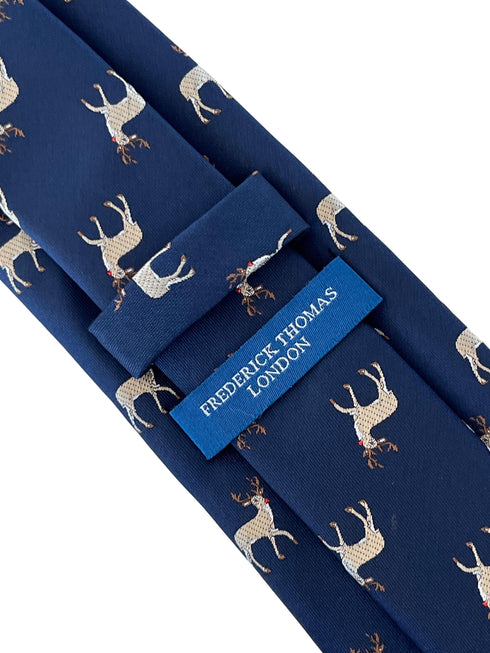 navy blue tie with reindeer Rudolph embroidered design