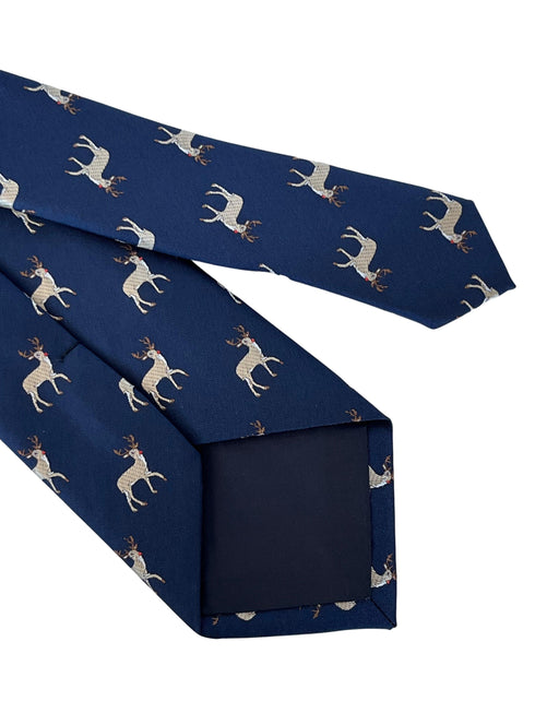 navy blue tie with reindeer Rudolph embroidered design