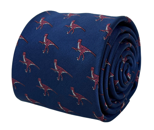 navy blue tie with velociraptor dinosaur design