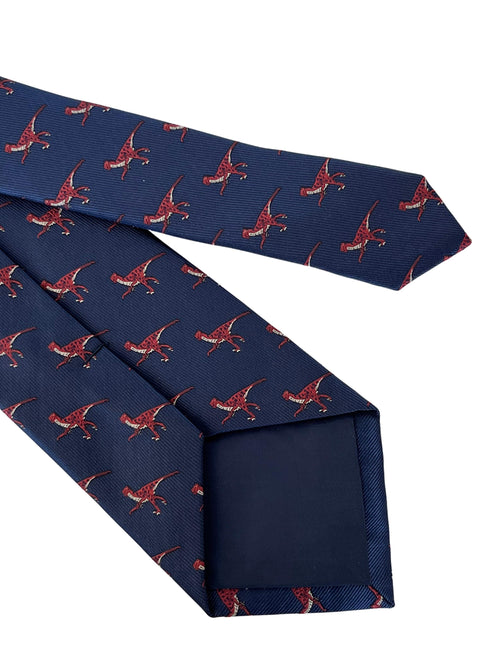 navy blue tie with velociraptor dinosaur design