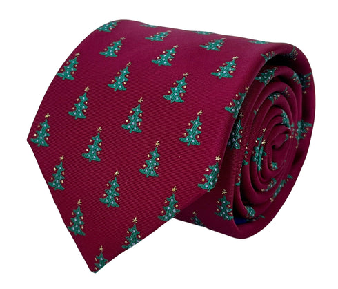 maroon burgundy dark red tie with festive Christmas tree design