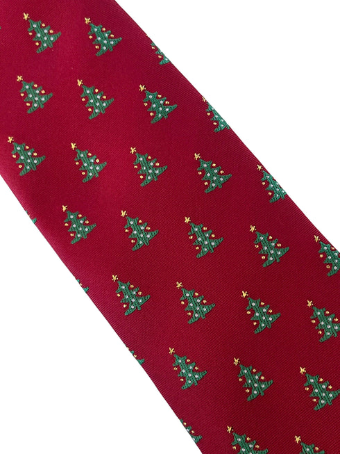 maroon burgundy dark red tie with festive Christmas tree design