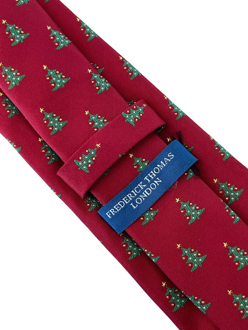 maroon burgundy dark red tie with festive Christmas tree design