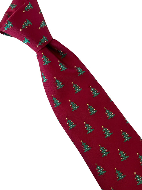 maroon burgundy dark red tie with festive Christmas tree design