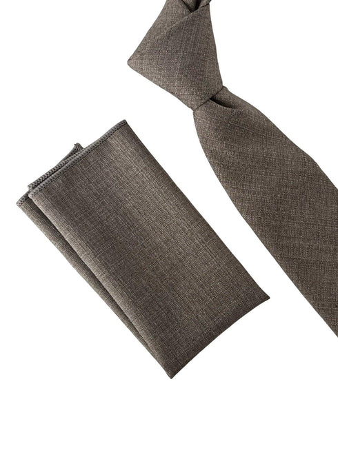 Matching beige taupe brown bamboo tie and pocket square