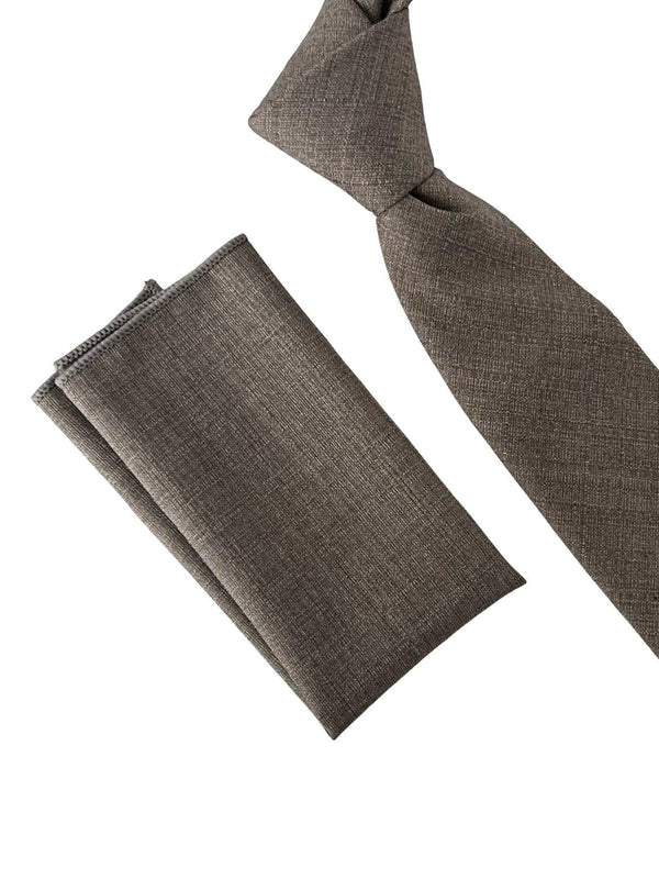 Matching beige taupe brown bamboo tie and pocket square