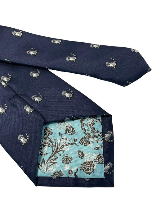navy blue tie with raccoon design