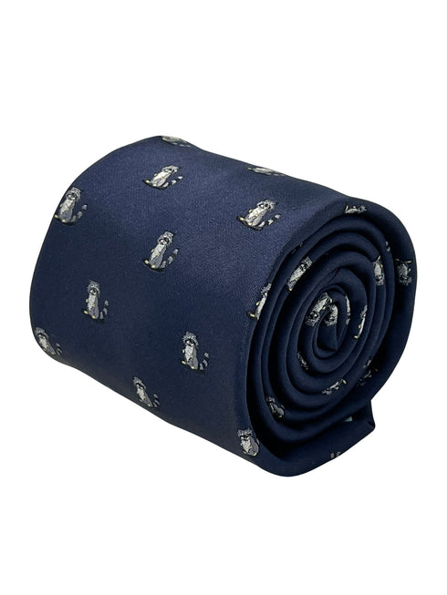 navy blue tie with raccoon design