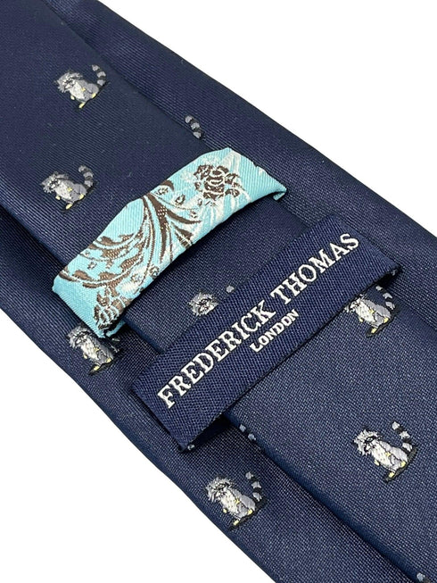navy blue tie with raccoon design