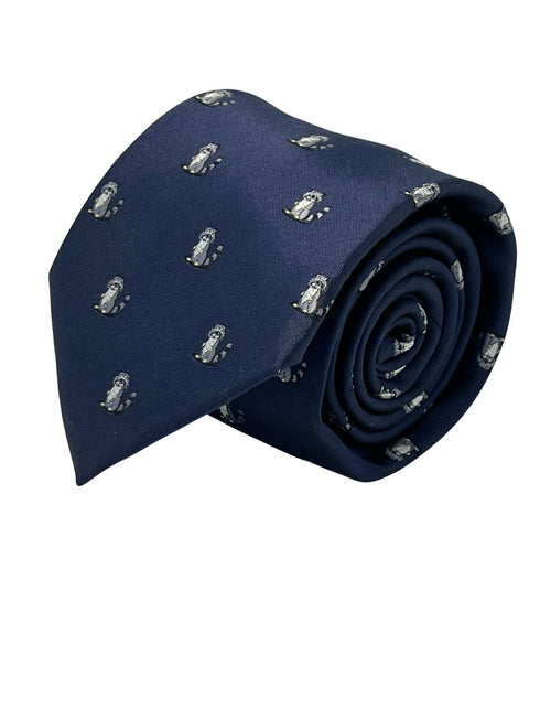 navy blue tie with raccoon design