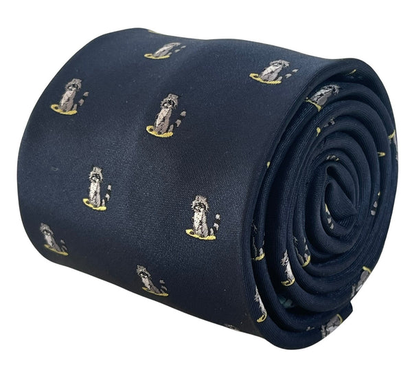 navy blue tie with raccoon design