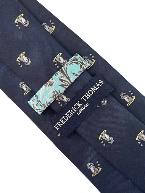 navy blue tie with raccoon design