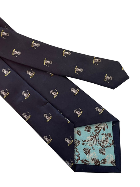 navy blue tie with raccoon design