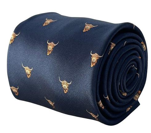 navy blue tie with highland cow design