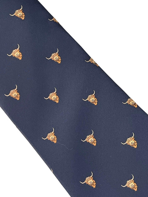 navy blue tie with highland cow design
