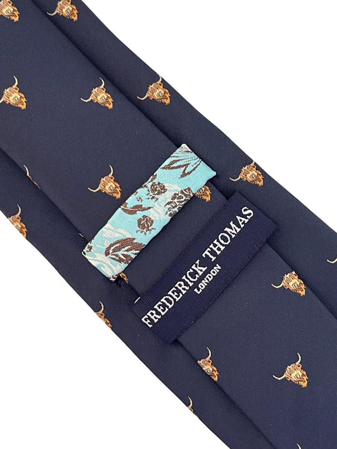 navy blue tie with highland cow design