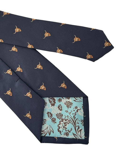 navy blue tie with highland cow design
