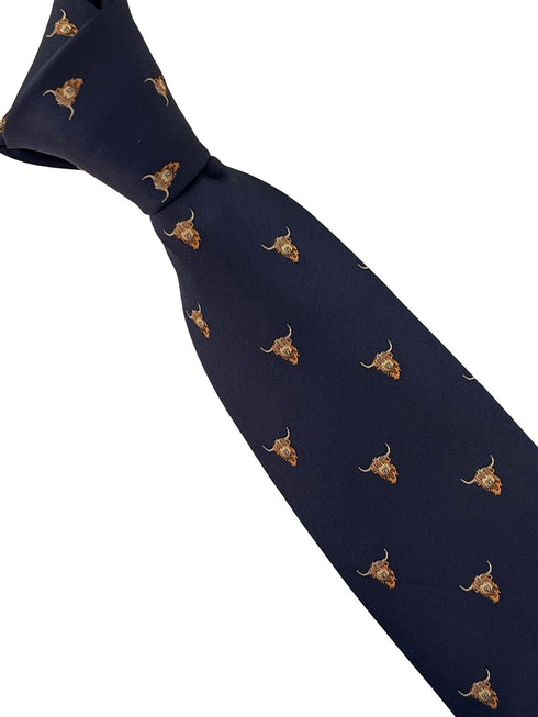 navy blue tie with highland cow design