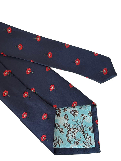 navy blue tie with red poppy flower design