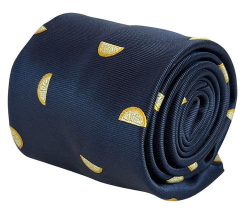 navy blue tie with yellow lemon slice fruit design