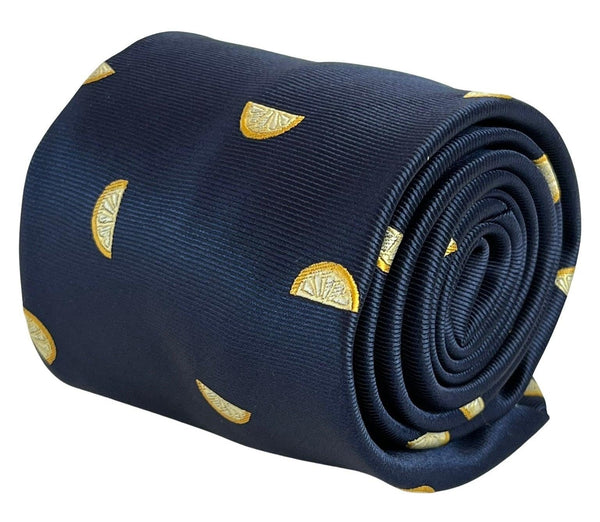navy blue tie with yellow lemon slice fruit design