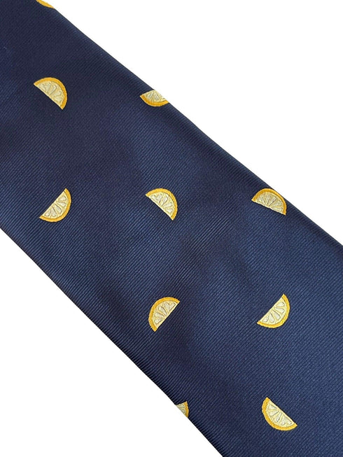 navy blue tie with yellow lemon slice fruit design
